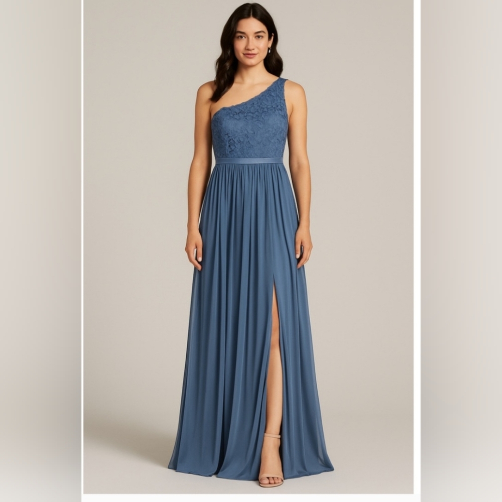 David's Bridal One-Shoulder Blue Gown